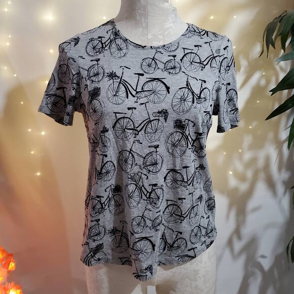 Anthropologie Whimsy Weekend Tee Bicycle Print Top Womens Size XS Gray Black - Picture 1 of 11